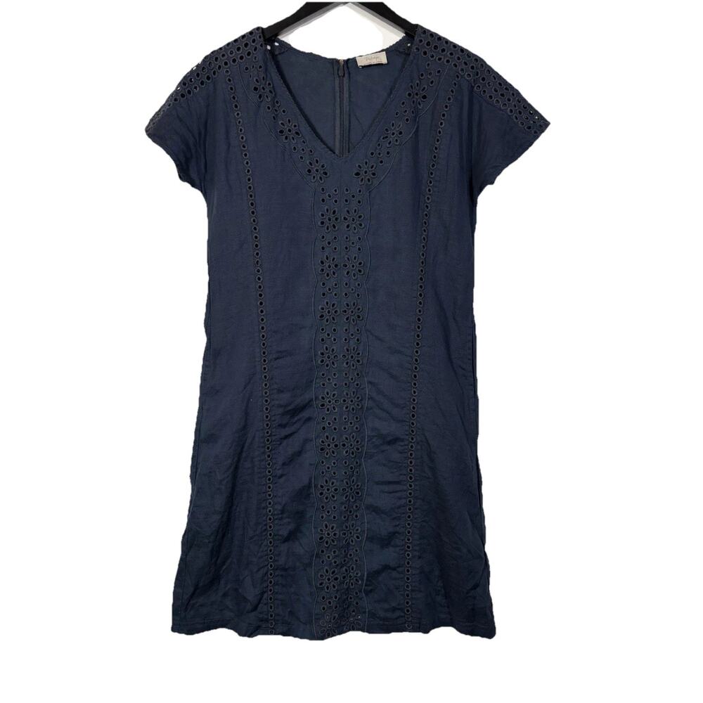 Wrap London Linen Dress Navy Blue Eyelet Tunic Style Sz 2 Pocket Short Sleeve